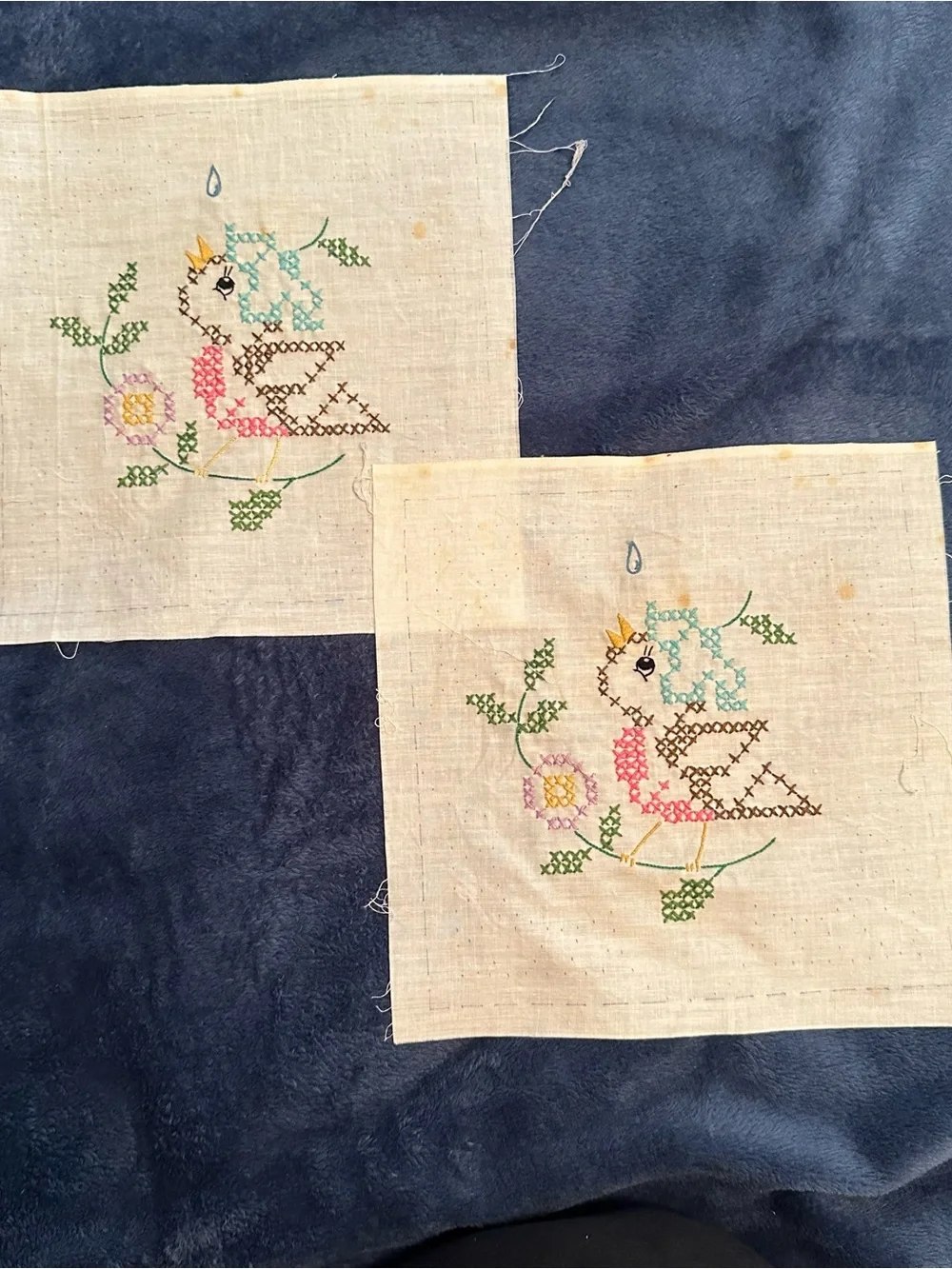 Vintage Whacky Birds Hand-Embroidered Cotton 9x9 Baby Quilt Blocks - 12 Complete